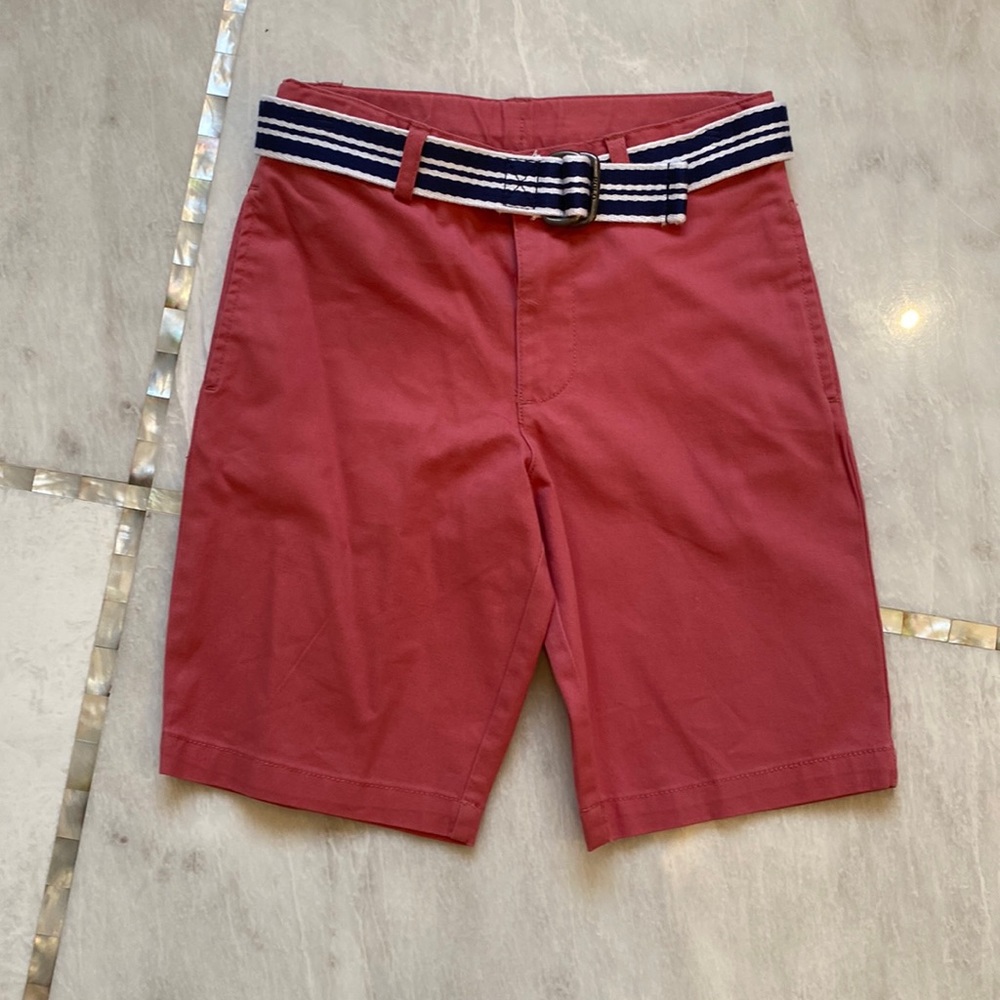Red cotton Ralph Lauren Bermuda shorts with striped belt